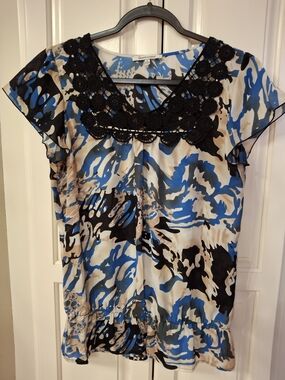 Quintessential Blue & Black Floral Lace Yoke Blouse